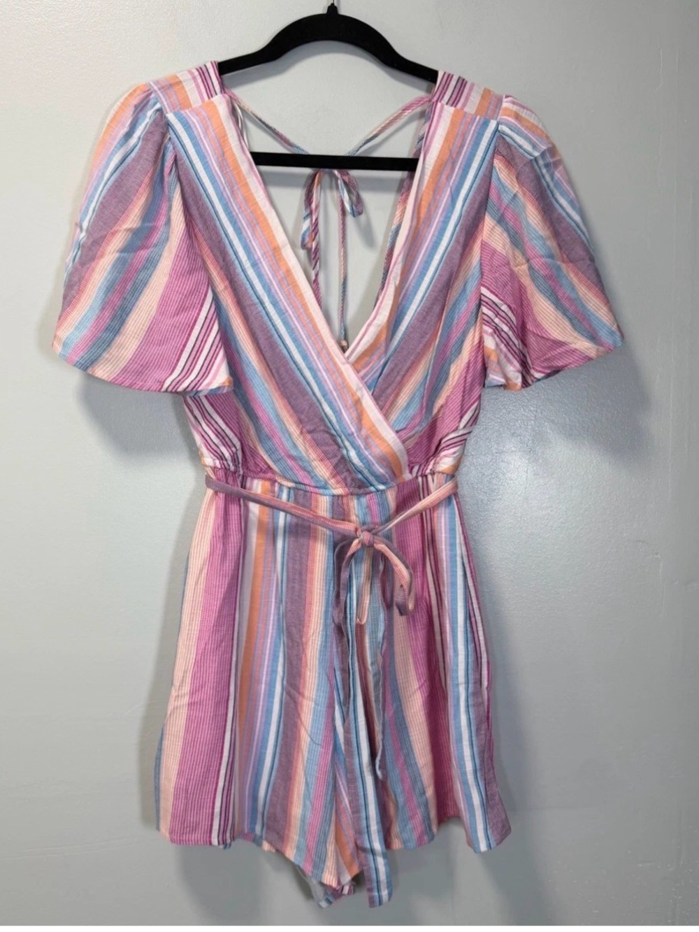 Blue Rain Pastel Multi-Striped Wrap Romper Multicolor